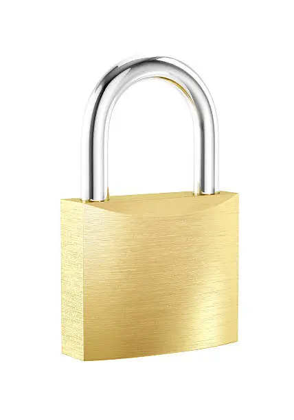 Photo of New metal locked padlock isolated on white background