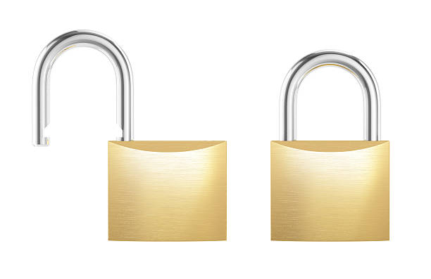New metal opened and locked padlock isolated on white background