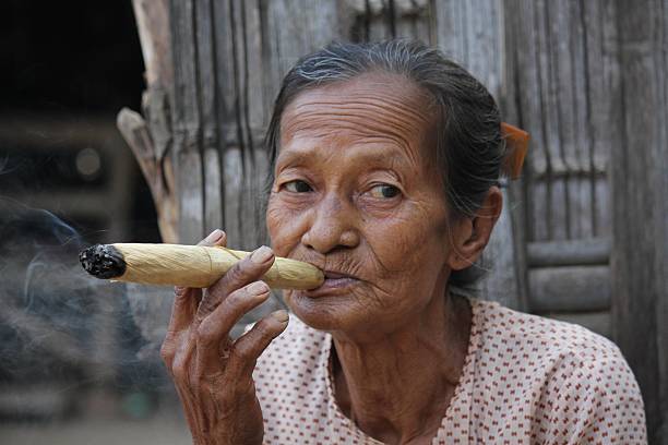vieille femme asiatique fumer un cigare - handroll photos et images de collection