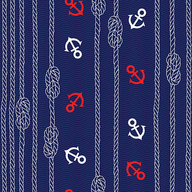 Seamless pattern with marine rope, knots and anchors . Endless hand-drawn background with marine rope and anchors. rope tied knot string knotted wood stock illustrations