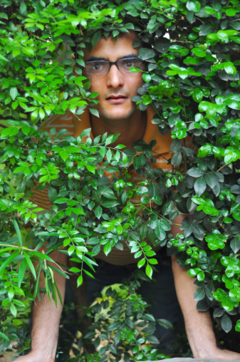 Young man looking from Shrubs
