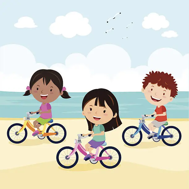 Vector illustration of Kids cycling on the beach