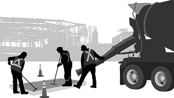 Fixing Sidewalks A vector silhouette illustration of a construction crew pouring concrete from a cement mixing truck.  Two worker smooth it out. concrete silhouettes stock illustrations