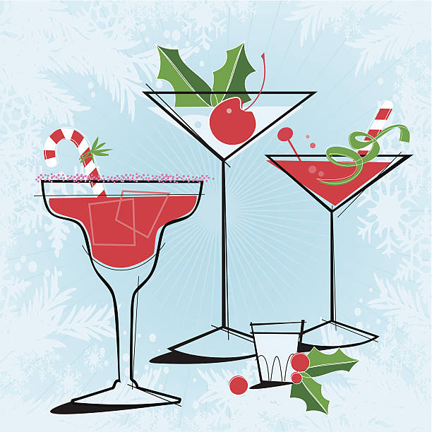 Retro-style Holiday Cocktails Retro-stylized Holiday Cocktails with snowflake frame. Each item is grouped so you can use them independently from the background. Layered file for easy edit. martini stock illustrations