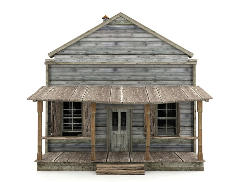 Abandoned wooden house isolated on white background, front view