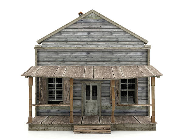 Abandoned house isolated front view Abandoned wooden house isolated on white background, front view hut stock pictures, royalty-free photos & images