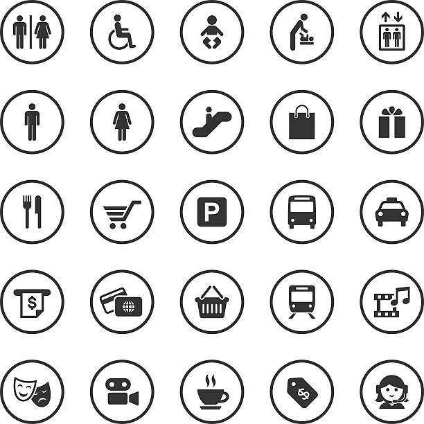Circle Icons Set | Public & Shopping Mall An illustration of public & shopping mall icons set for your web page, presentation, & design products. train stations stock illustrations