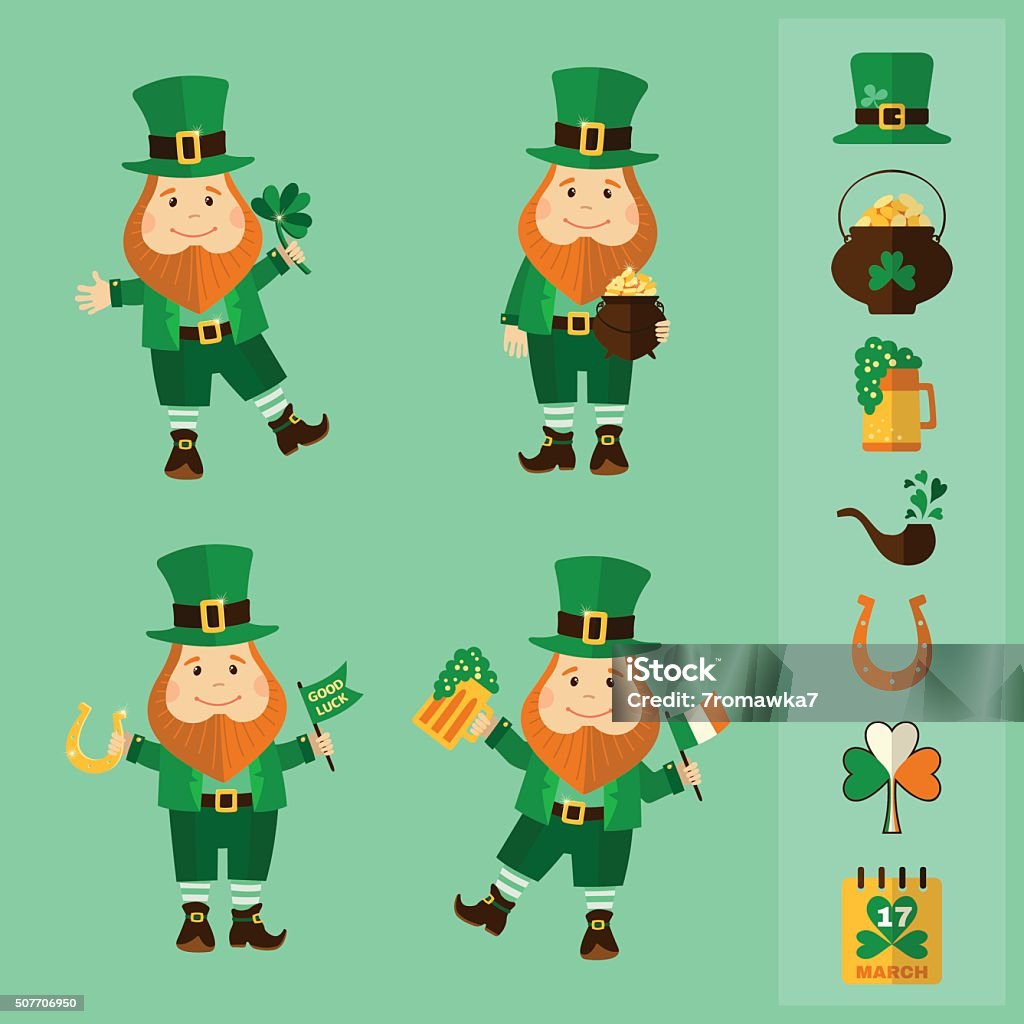 Saint Patrick's Day set: four leprechauns and traditional elements Saint Patrick's Day set. Four leprechauns and traditional elements: hat, pot of gold, smoke pipe, horseshoe, clover, beer and calendar. Vector illustration Adult stock vector