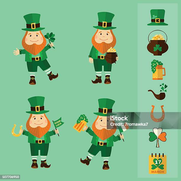 Saint Patricks Day Set Four Leprechauns And Traditional Elements Stock Illustration - Download Image Now