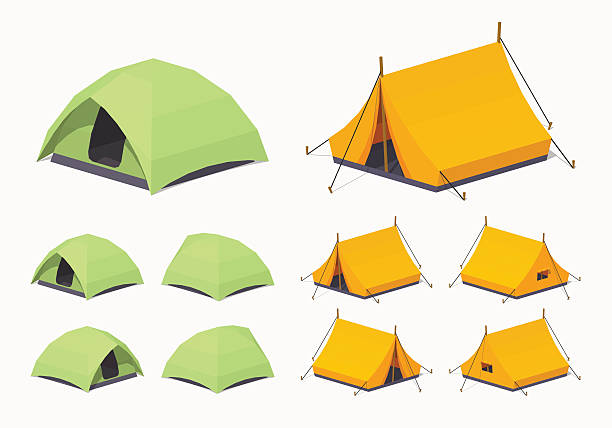 ilustraciones, imágenes clip art, dibujos animados e iconos de stock de verde y naranja campamento tiendas - tent camping dome tent single object