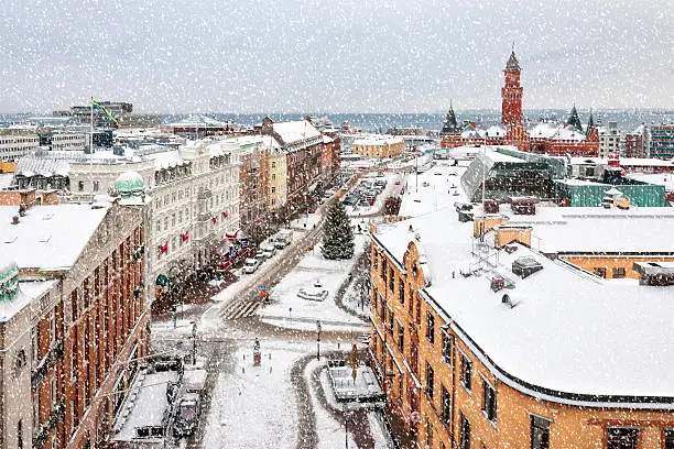 An elevated view of the swedish city of Helsingborg during some wintry weather conditions.