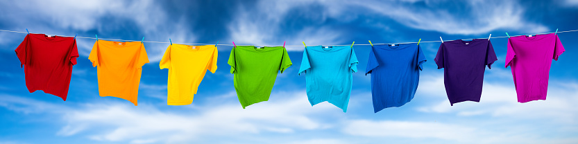 rainbow shirts on washing line