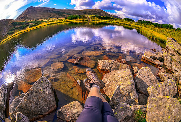 Relaxing time during an outdoor trekking in Carpathian mountains , Ukraine