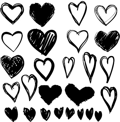 Paintbrush hand drawn heart design elements. Valentine's Day vector illustration set
