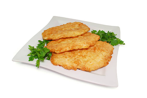 istock Fried Breaded Chicken Fillet in a Dish Isolated Against White 507717190