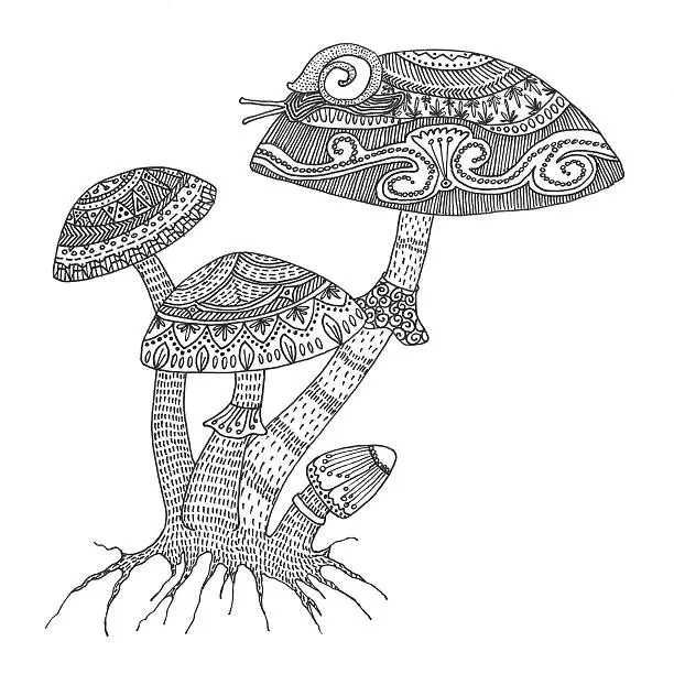An intricate hand drawn fungus growth for adult coloring books. Stress relieving activity.