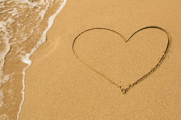 istock Heart drawn on the beach sand with a soft wave. 507718220