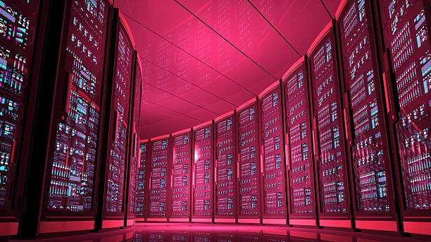 wiersz serwerów w centrum danych, futurystyczny czerwone światło - network server rack data center in a row zdjęcia i obrazy z banku zdjęć