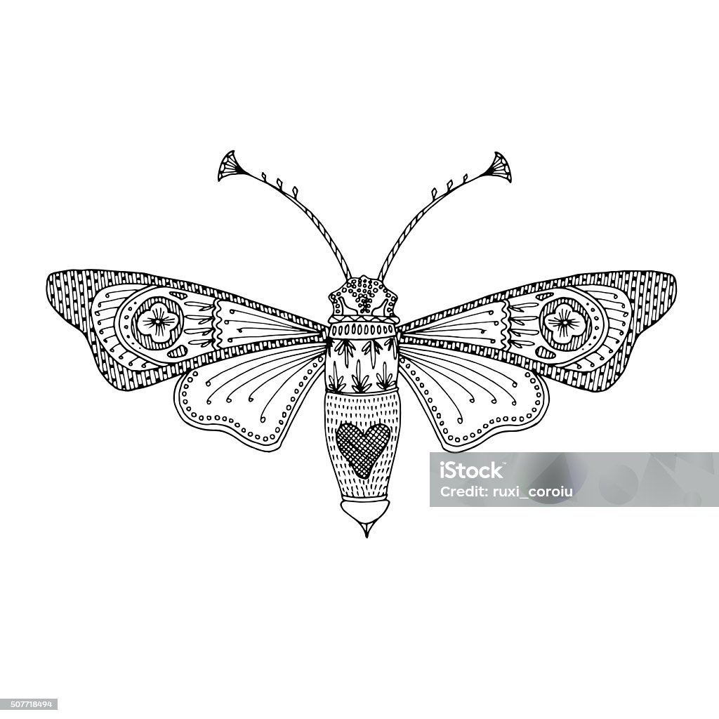 Butterfly moth black hand-drawn adult coloring book design A butterfly / moth line drawing in black and white for printing and coloring purposes. Anti-stress activity for adults. Book stock vector