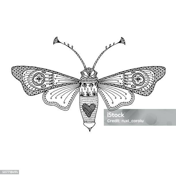 Butterfly Moth Black Handdrawn Adult Coloring Book Design Stock Illustration - Download Image Now