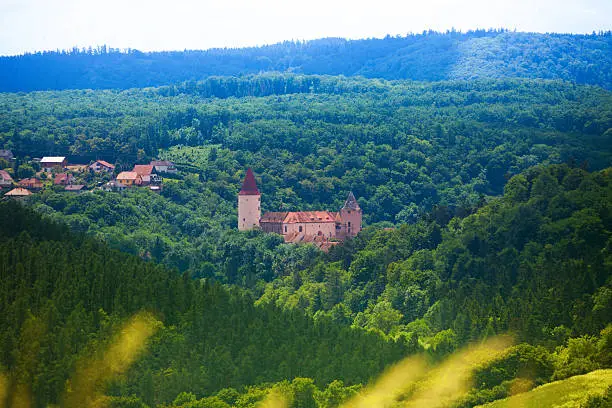Panorama of Krivoklat castle in the Czech republic woods and hills