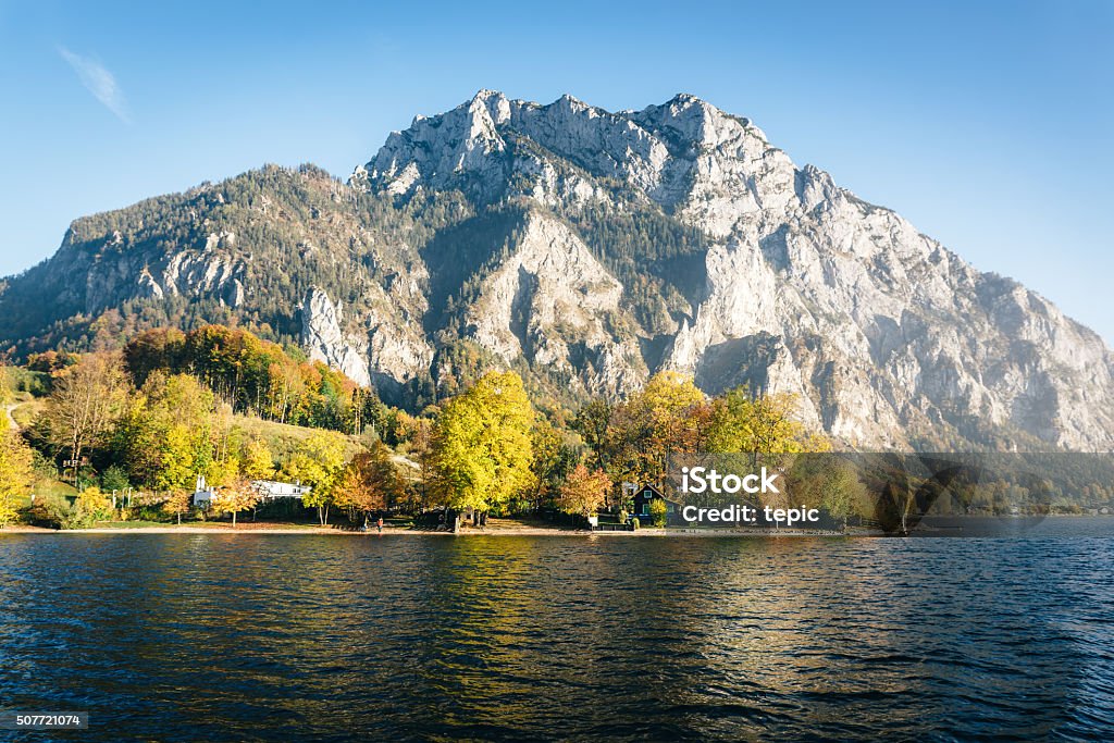 Lake Traunstein in Autumn Lake Traunstein and Traunstein Mountain in Background at Autumn. Salzkammergut, Austria Austria Stock Photo