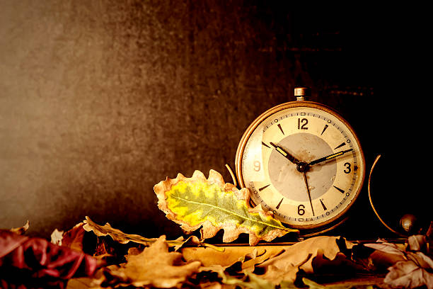 istock Old alarm clock and autumn leaves 507721964