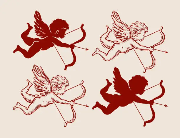 Vector illustration of set of cute Cupid silhouettes. vector illustration