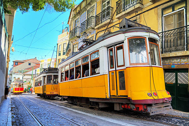 Lisbon yellow trams stock photo