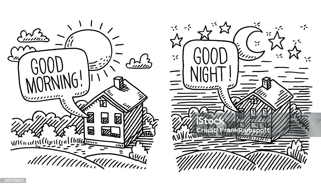 Night Day Time Comparison Drawing Hand-drawn vector drawing of a Night and Day Time Comparison, a rural landscape with a wee home and a Speech Bubble "Good Morning!" and "Good Night!". Black-and-White sketch on a transparent background (.eps-file). Included files are EPS (v10) and Hi-Res JPG. Architecture stock vector