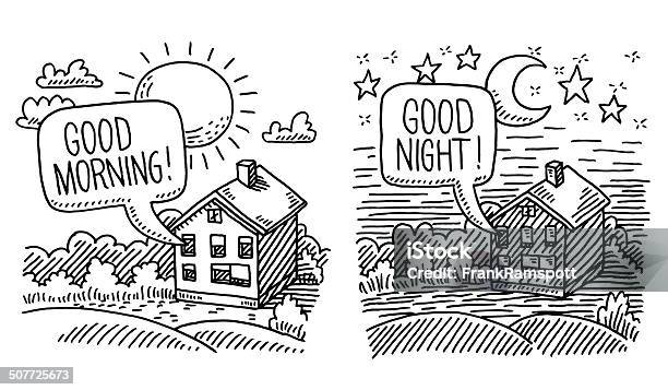 Night Day Time Comparison Drawing Stock Illustration - Download Image Now - Architecture, Bedtime, Black And White