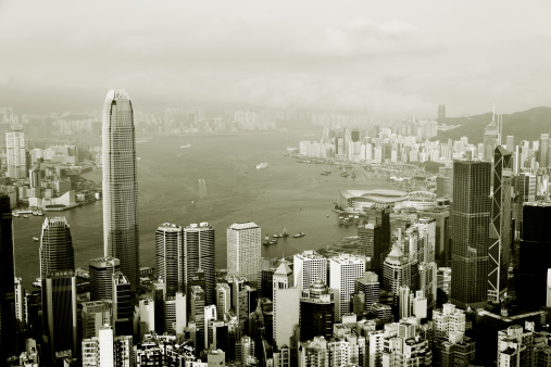 Hong Kong skyline and the victoria harbor, aerial view.