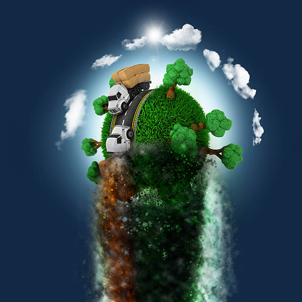 istock 3D globe with trucks and trees zooming through the sky 507742782