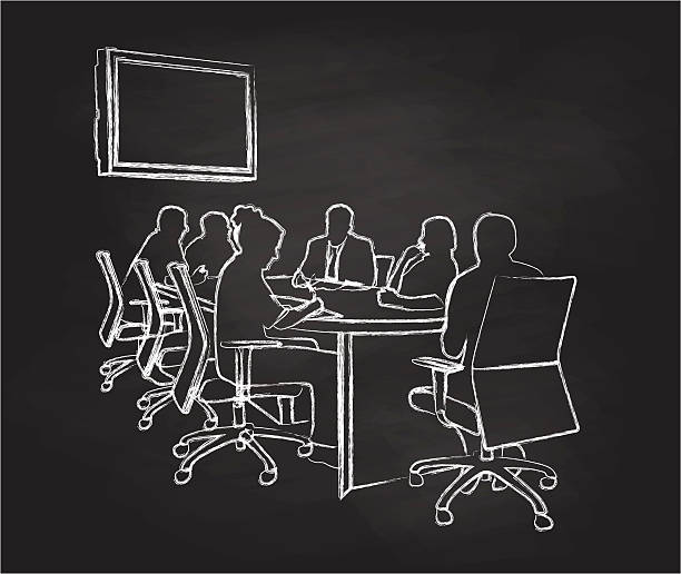 Chalkboard Meeting A chalk outline vector silhouette illustration of a business meeting in a conference room with business men and women sitting around a table with a monitor on the wall in the background. conference table stock illustrations