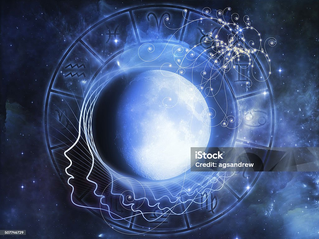 Lunar Fall Inner Moon series. Design composed of moon, human profile and astrological symbols as a metaphor on the subject of spirit world, dreams, imagination, astrology and the mind Abstract Stock Photo