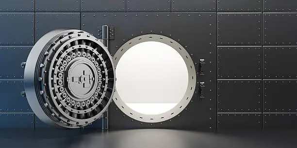3D illustration of an symbolic open round vaulted steel door with the empty vault. Front view. High resolution.