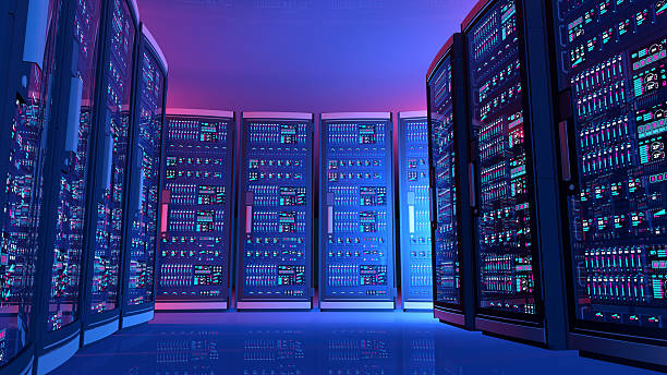 istock Computer servers panels with blue lights in futuristic data center 507748080