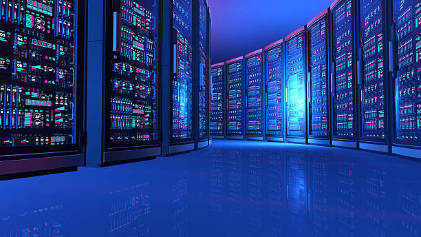 Detail of network computers in futuristic server room, blue light Detail of a server cabinets with computer networks and digital displays full of data, numbers, and blue blinking lights and leds, arranged in a circular shape. Computers fill a server room of a futuristic data center, used as a cloud computing and data storage facility. Room is illuminated by blue light. Low angle view, close up. Supercomputer simulation, digitally generated image. supercomputer stock pictures, royalty-free photos & images