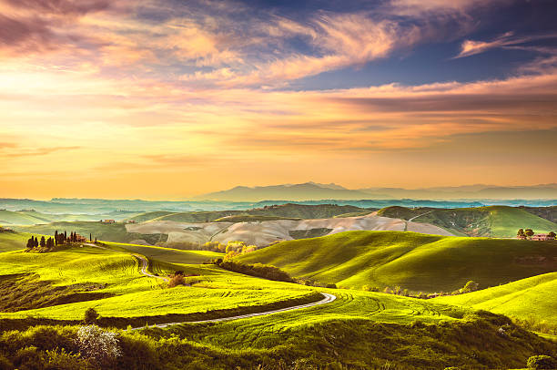 istock Tuscany spring, rolling hills on sunset. Rural landscape. Green 507748488