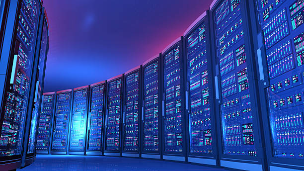 istock Futuristic data center with row of servers, blue light 507748548
