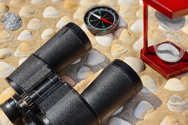 istock Vintage Binoculars, Compass,  Hourglass and Seashells. Marine Ba 507749233