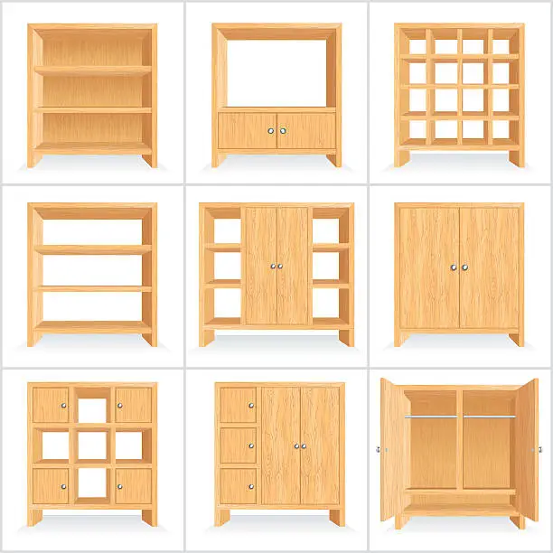 Vector illustration of Vector Wooden Wardrobe, Cabinet, Bookshelf