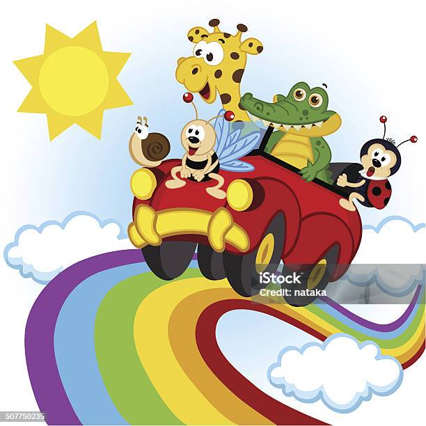 Animals Traveling By Car Over The Rainbow Stock Illustration - Download Image Now - Activity, Adventure, Animal