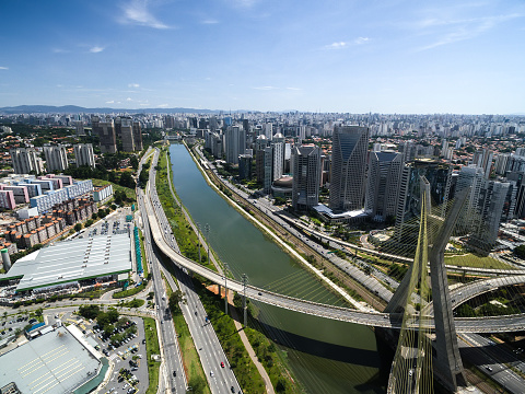 Aerial view of the most famous bridge in Sao Paulo, Brazil