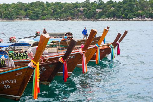 Satun,Thailand - November 28,2014 : Long tail boats lined along the beach in Koh Lipe island in Thailand