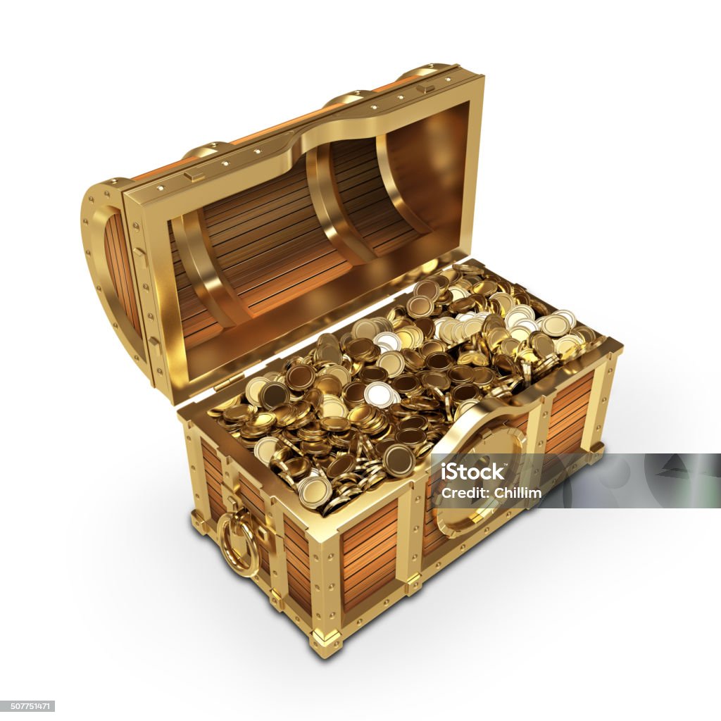 Treasure chest Treasure chest with gold coins isolated on white background Coin Stock Photo