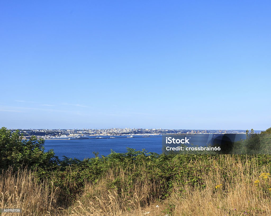 City of Brest, Brittany France from pointe des Espagnols Brest city oceanfront, Bretagne - France from pointe des Espagnols with blue sky on a summer day. Brest - Brittany Stock Photo