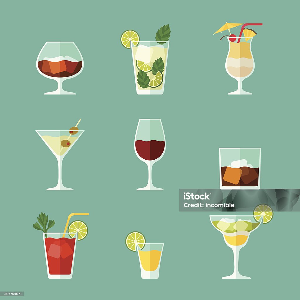 Alcohol drinks and cocktails icon set in flat design style. Cocktail stock vector