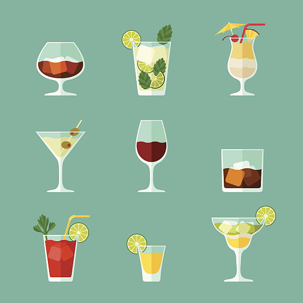 Alcohol drinks and cocktails icon set in flat design style. Alcohol drinks and cocktails icon set in flat design style. drinking glass illustrations stock illustrations