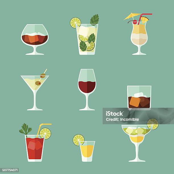 Alcohol Drinks And Cocktails Icon Set In Flat Design Style Stock Illustration - Download Image Now